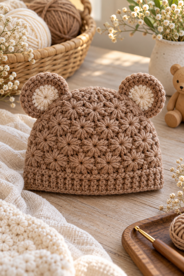 Crochet baby bear hat with star stitch texture and bear ears