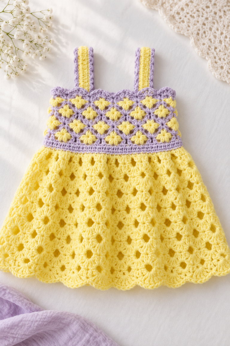 crochet baby dress with stitch texture