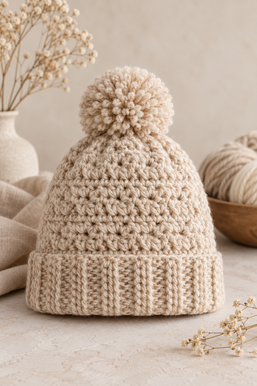 Crochet beanie hat crown shaping detail