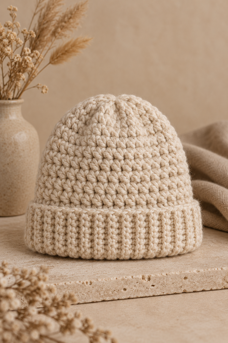 Crochet beanie hat in soft textured yarn