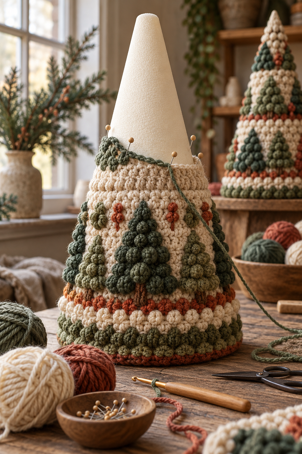 Illustration of a crochet tree cover fitted partway over a foam cone