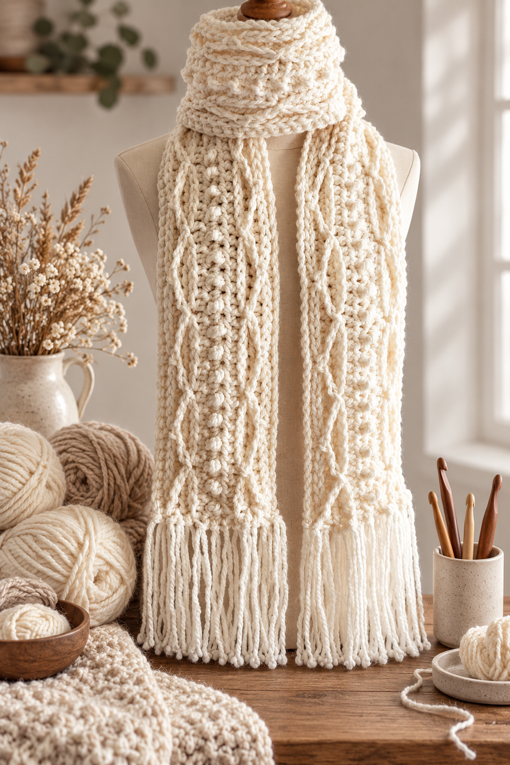 crochet cable scarf pattern showing build a balanced scarf silhouette