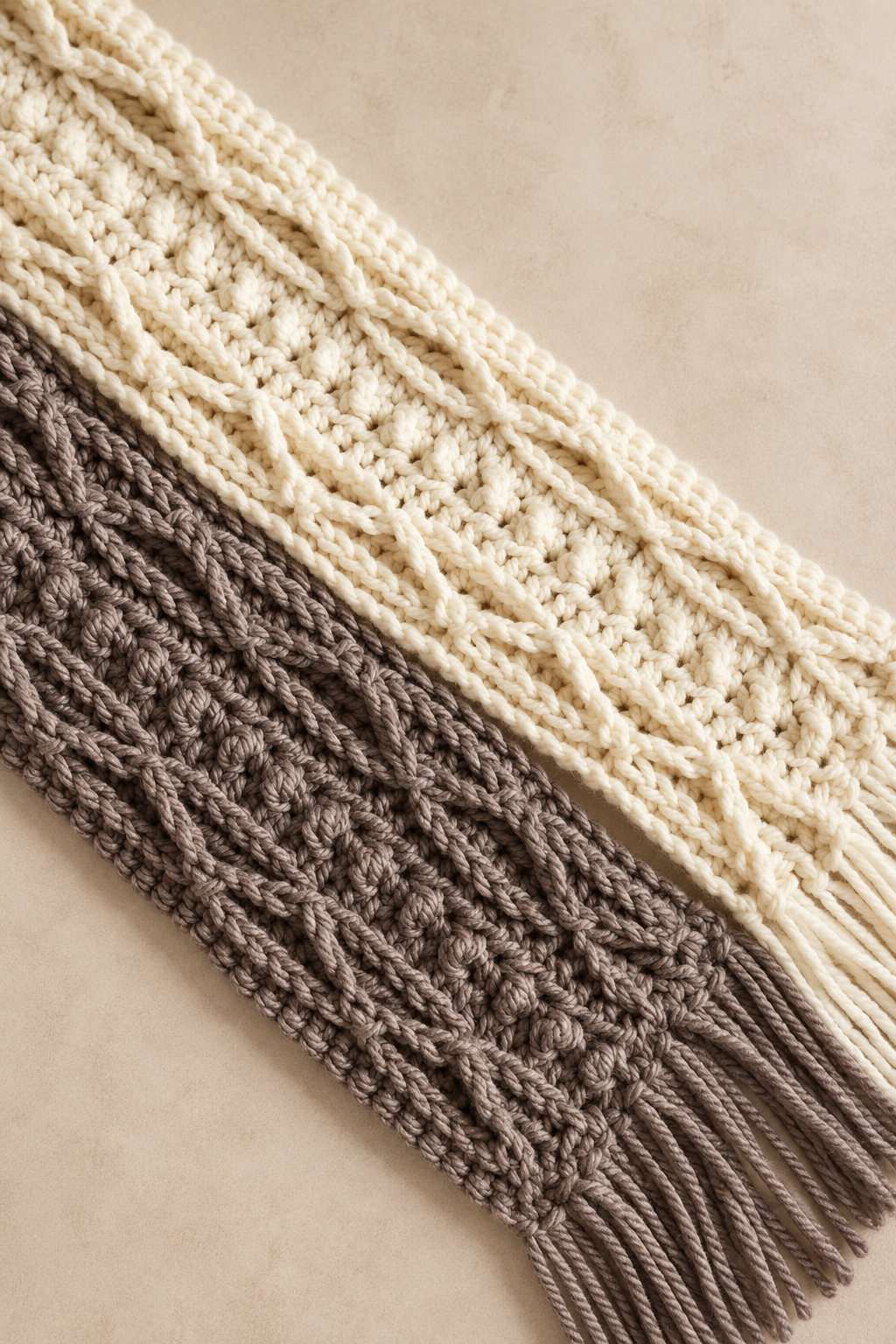 crochet cable scarf pattern showing use yarn and hook choices to support texture