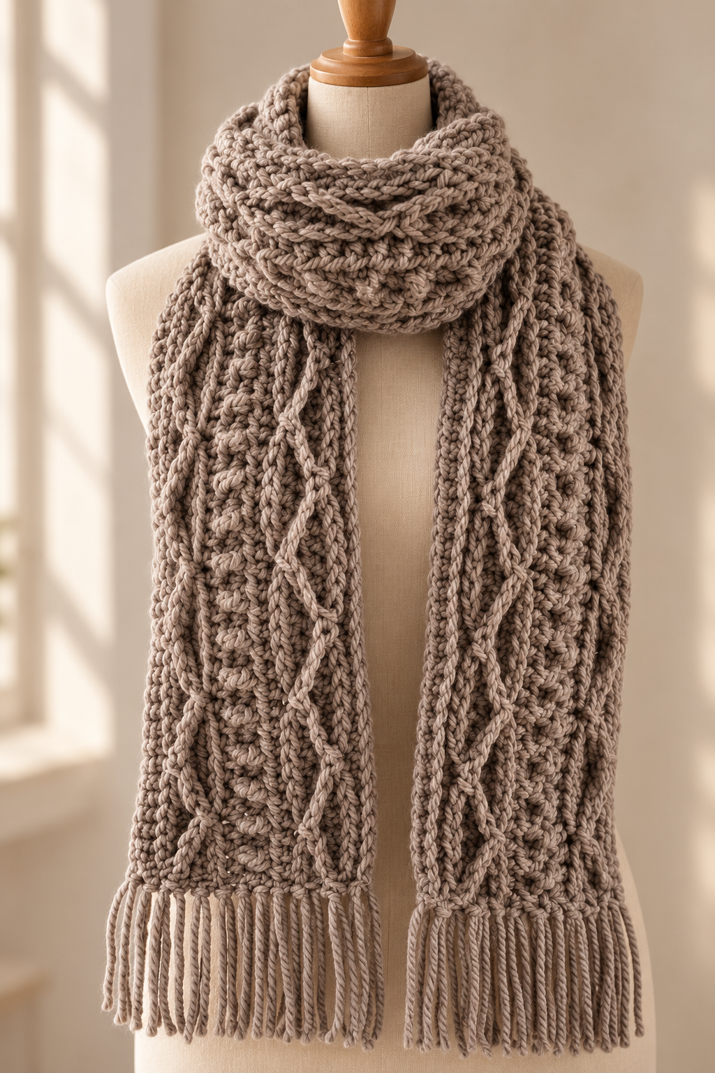 crochet cable scarf pattern showing keep the edges and joins calm