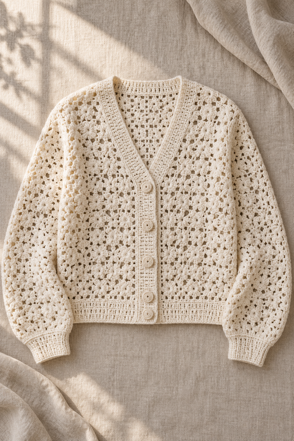 crochet cardigan pattern in a warm neutral palette
