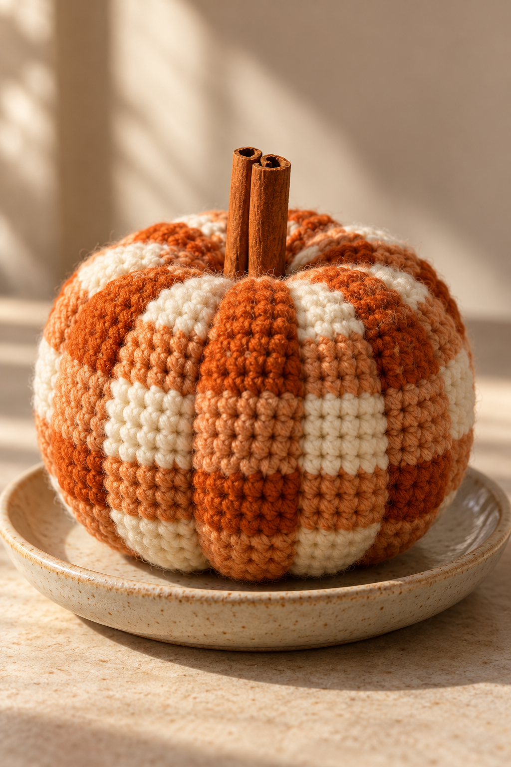small crochet gingham pumpkin with ribbed colorwork