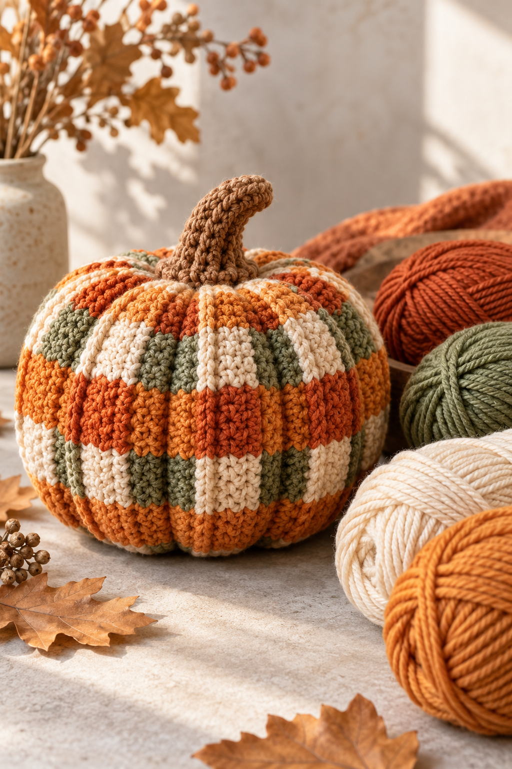 medium crochet pumpkin with checker colorwork and ribbed texture