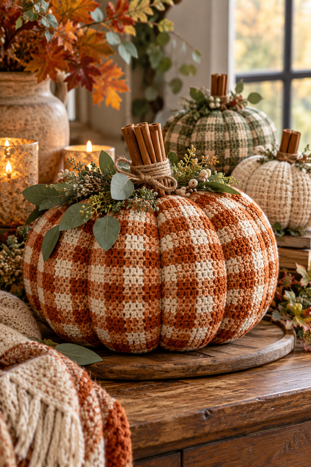 large crochet pumpkin arranged in a layered fall display