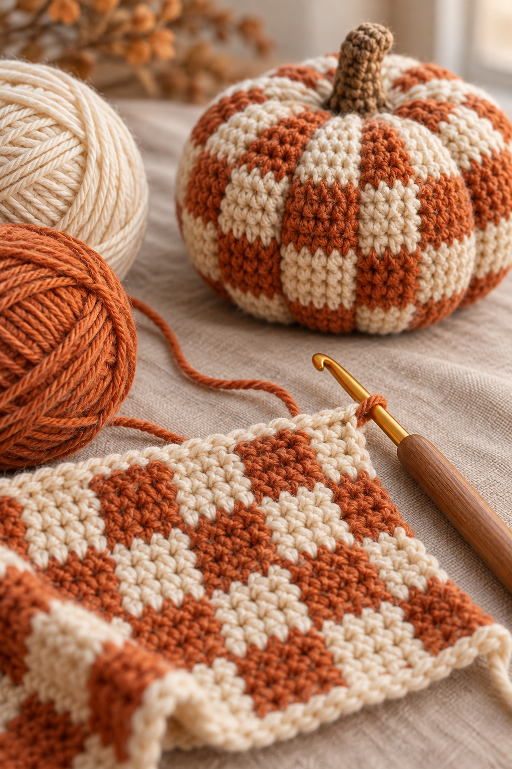 crochet checker pumpkin colorwork with yarn and hook