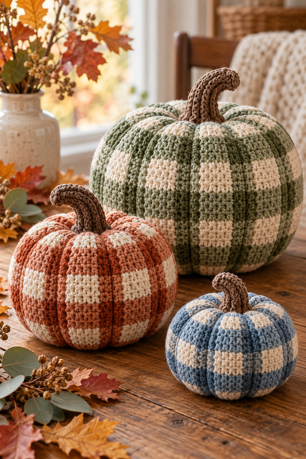 three crochet gingham pumpkins in coordinated fall colors