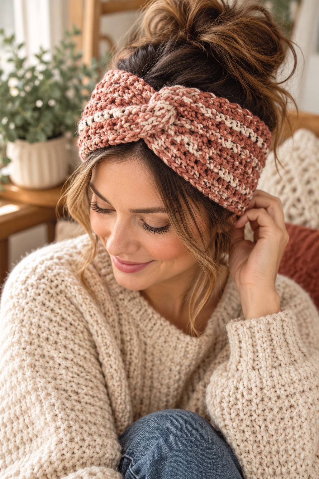 textured crochet headband in a seasonal color palette