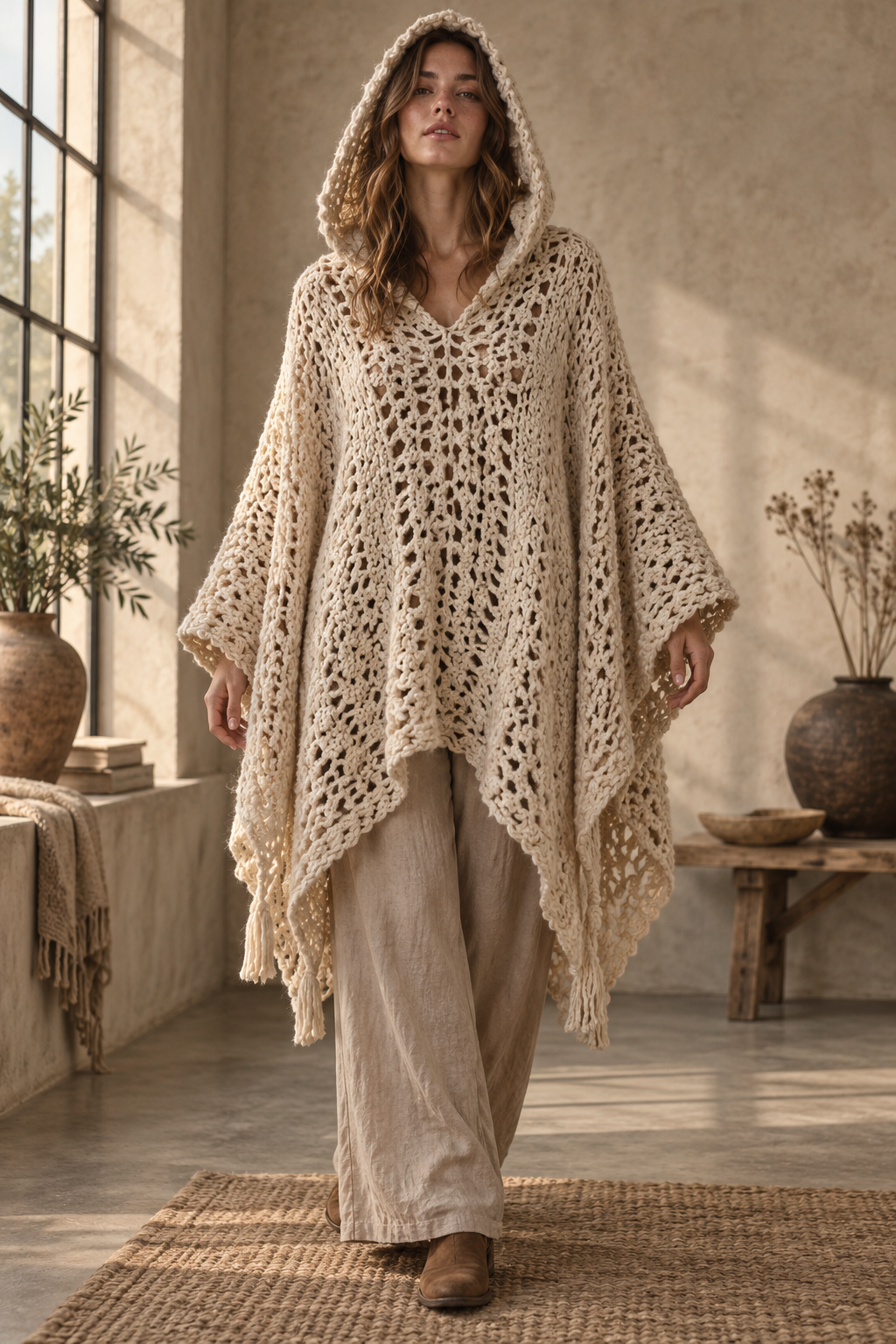 Crochet hooded poncho pattern front silhouette and relaxed drape