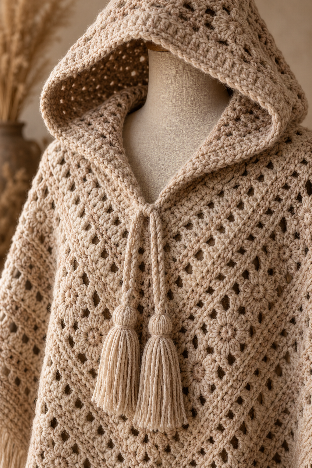 Hood and neckline detail on a crochet hooded poncho