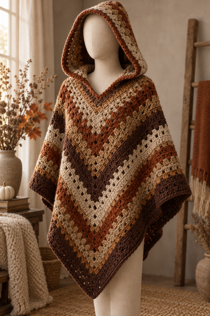 Finished crochet hooded poncho for fall layering