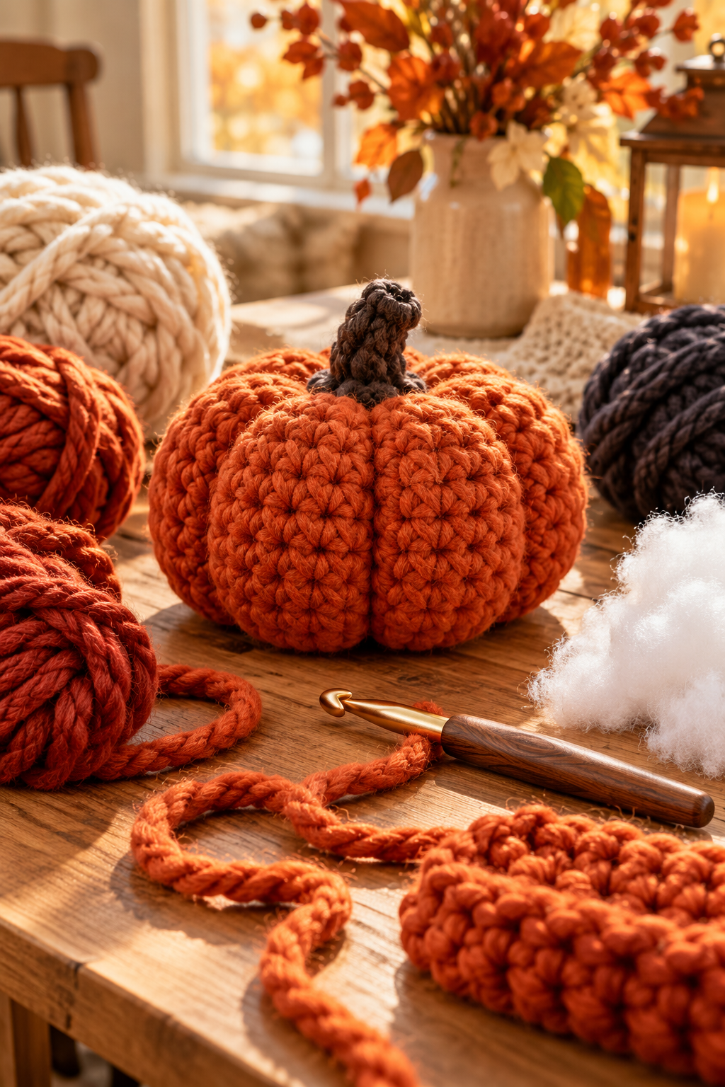 Bulky yarn and crochet supplies beside a pumpkin base
