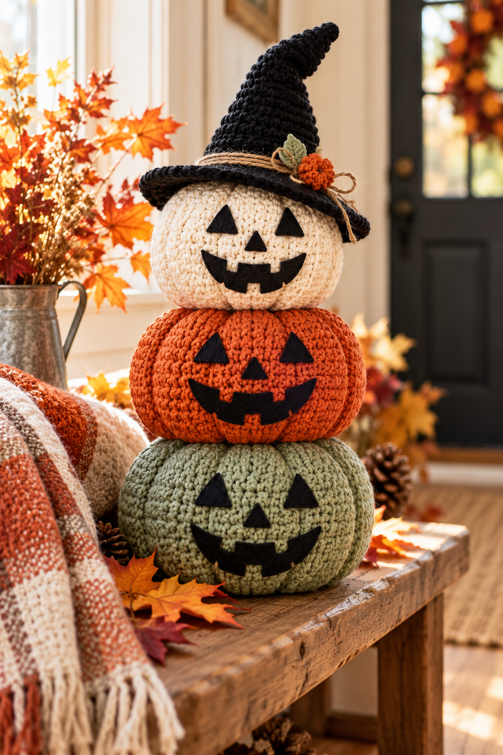 Finished crochet pumpkin stack in a cozy autumn setting