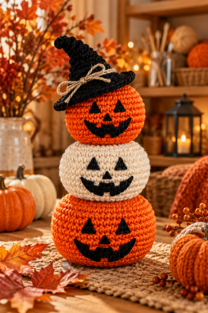 Crochet jack-o-lantern pumpkin stack with a witch hat