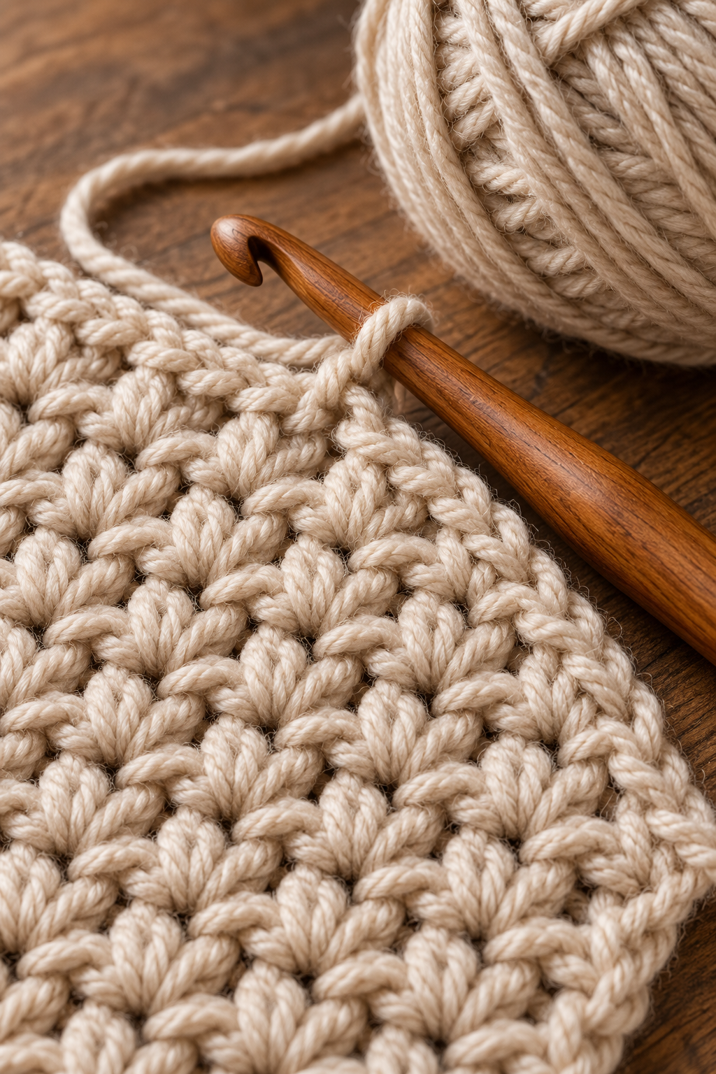 Close view of an even crochet loop stitch swatch beside a hook