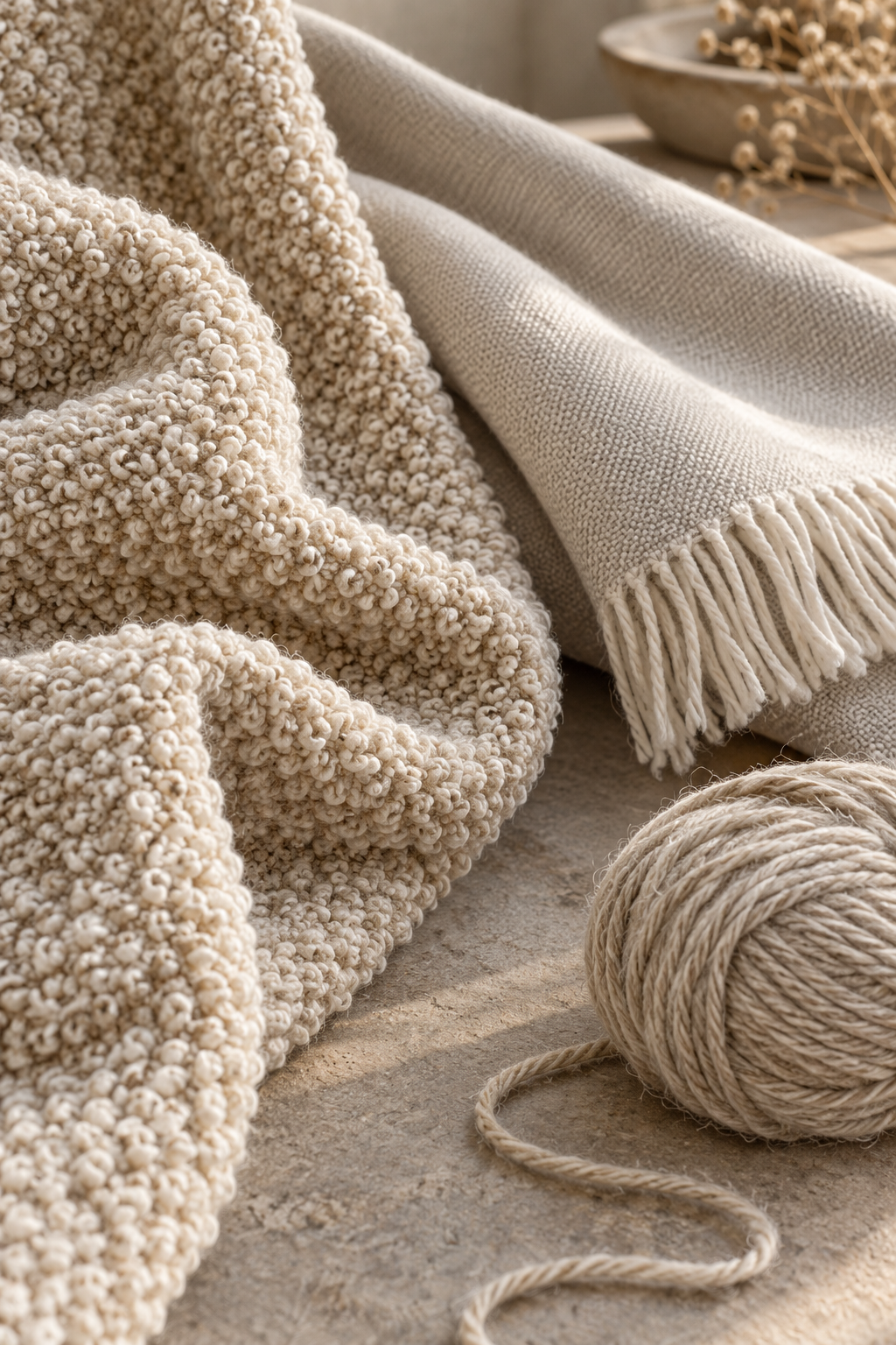 Textured crochet loop stitch panel folded beside neutral yarn