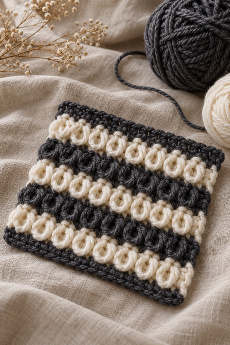 Crochet loop stitch swatch with dimensional texture