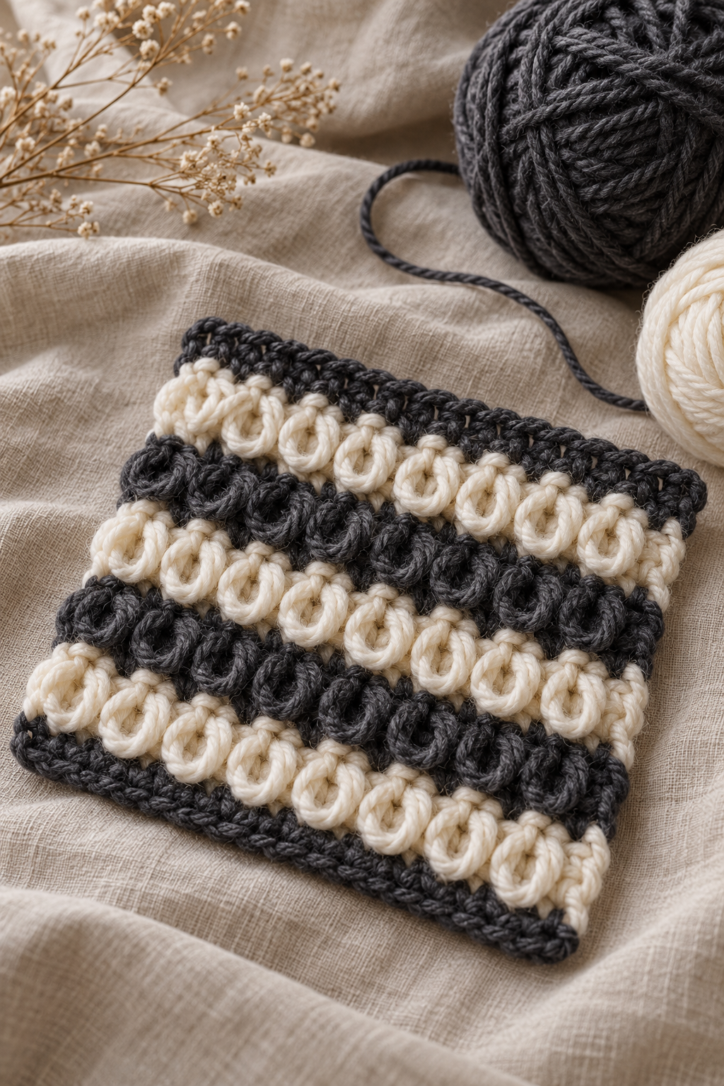Crochet loop stitch swatch with dimensional texture