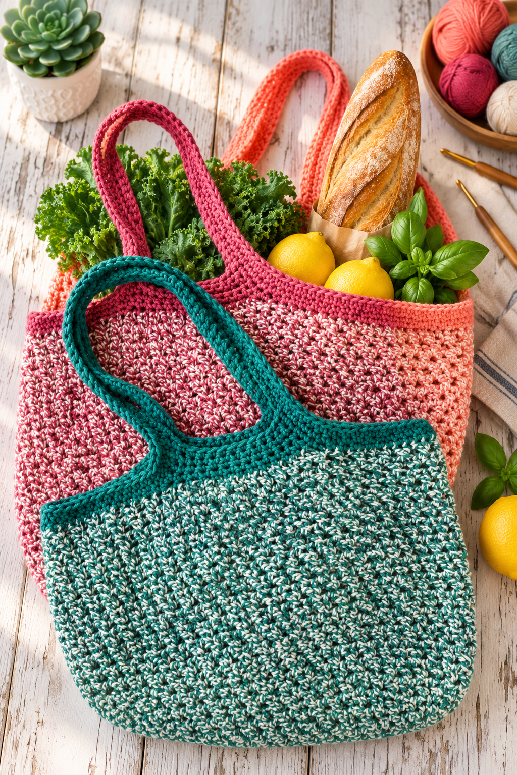 Reusable crochet market bag in use