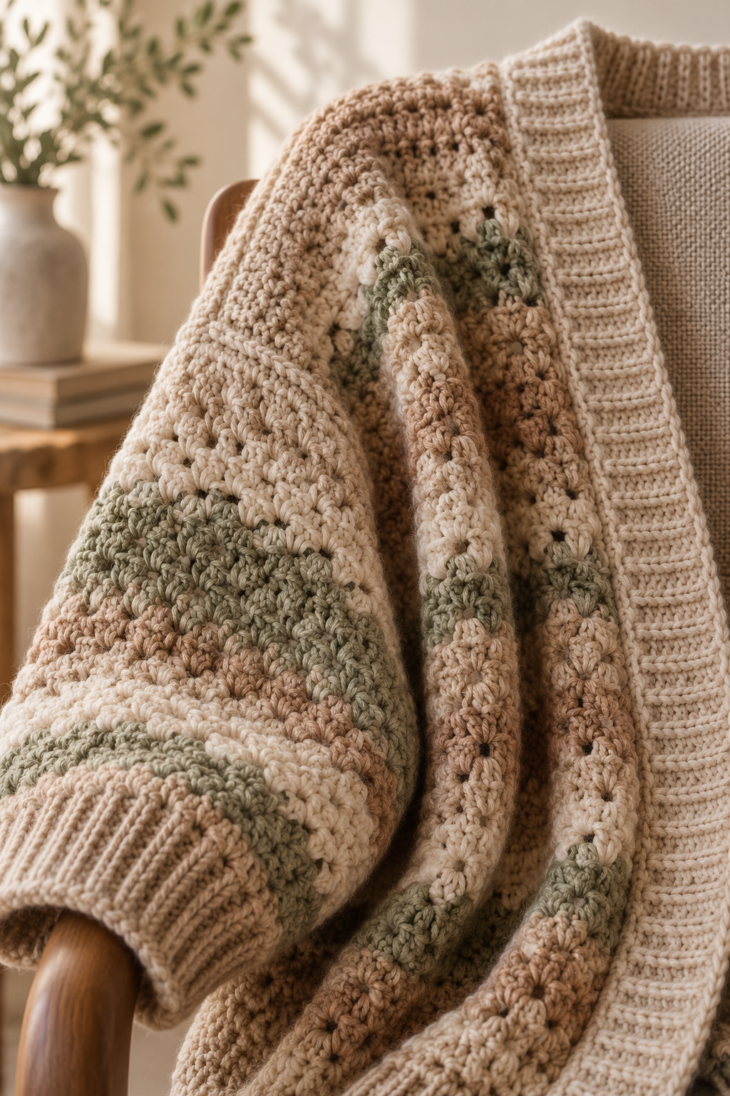 Finished crochet mini bag in warm natural light