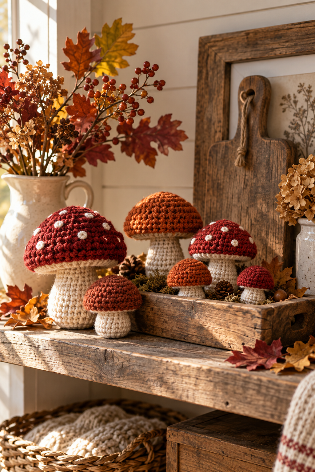 rustic crochet mushroom pattern shelf display