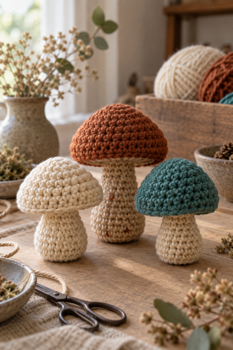 rustic crochet mushroom arrangement