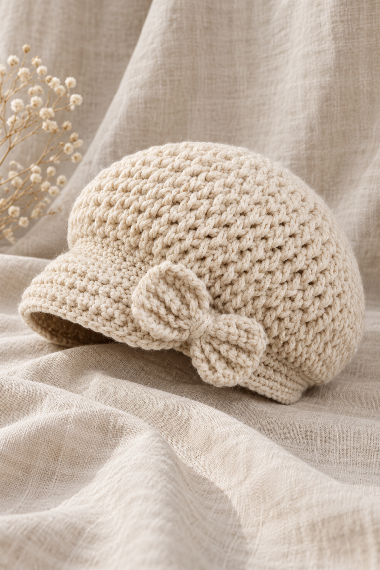 crochet newsboy hat with textured crown and visor