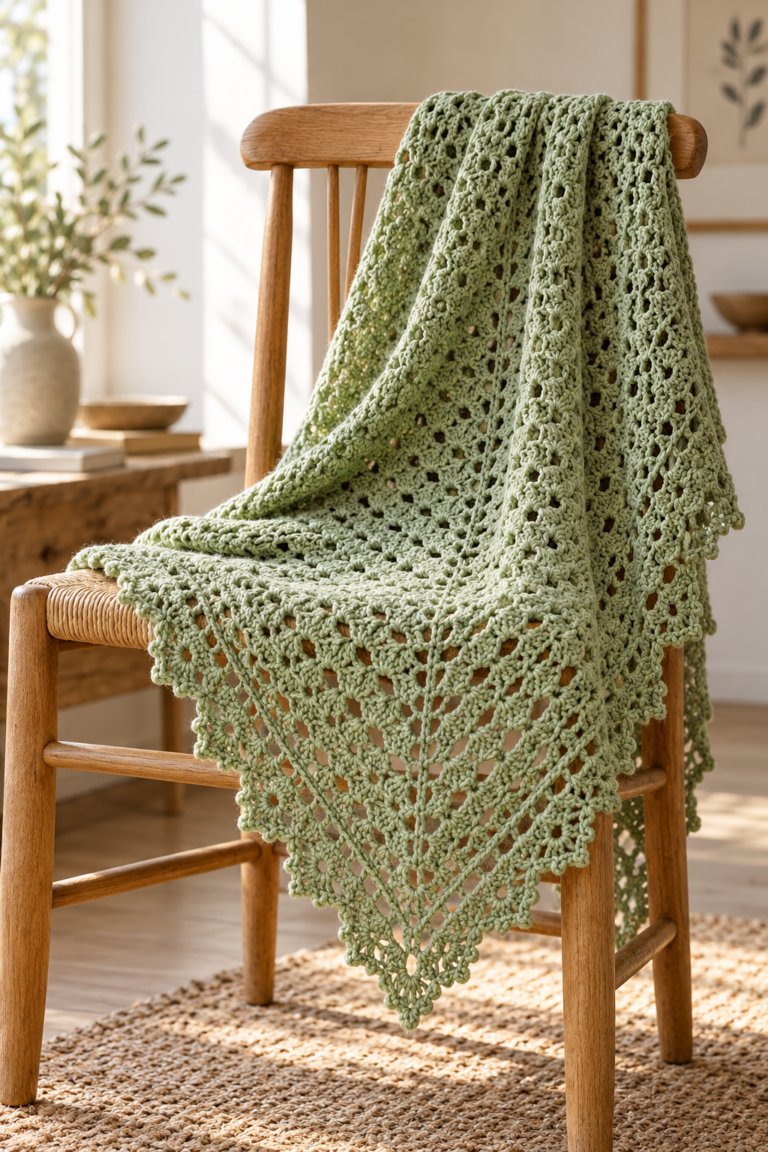 Pistachio green crocheted wrap with airy lace draped over a chair