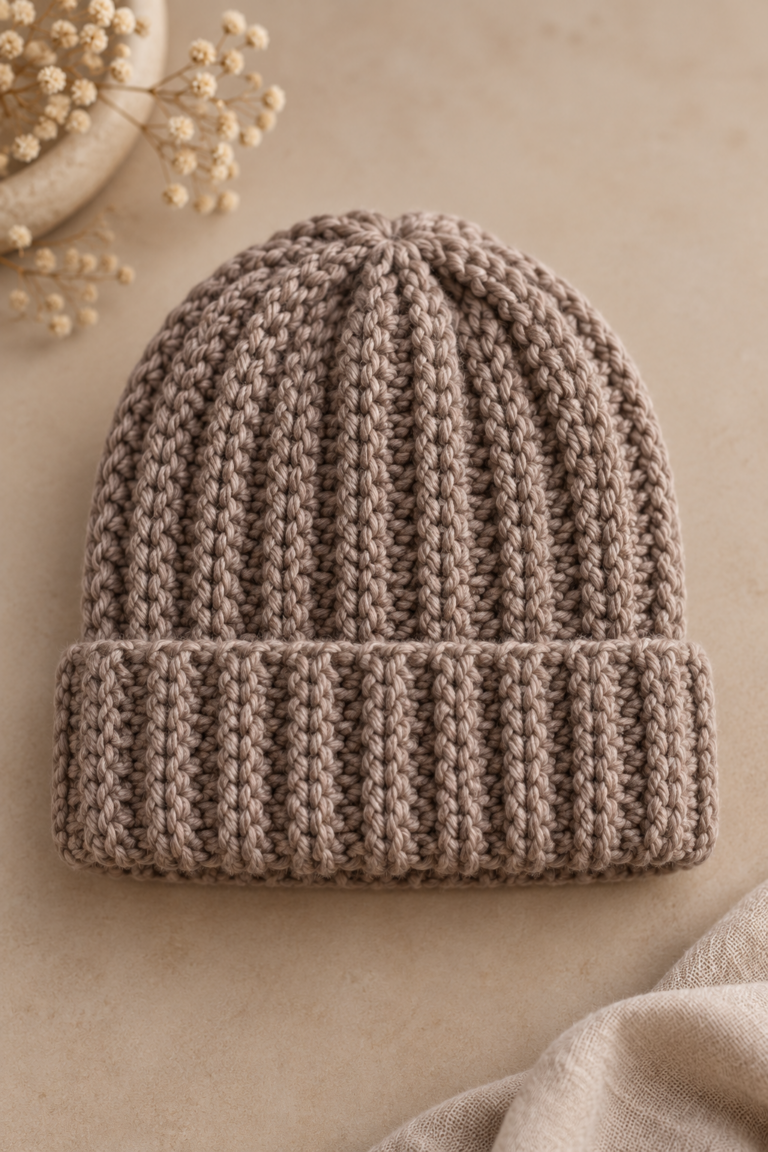 Knit-look crochet beanie in taupe