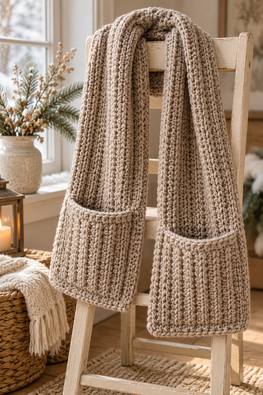 Crochet pocket scarf with chunky textured fabric and practical pockets