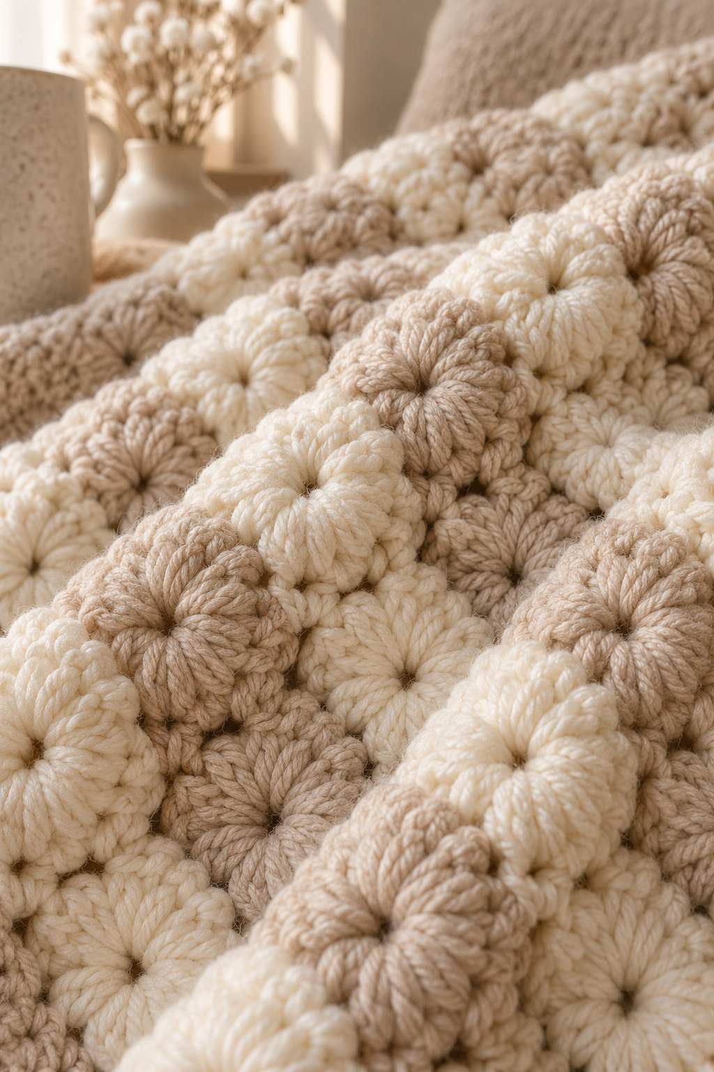 crochet puff stitch blanket close view of plush texture