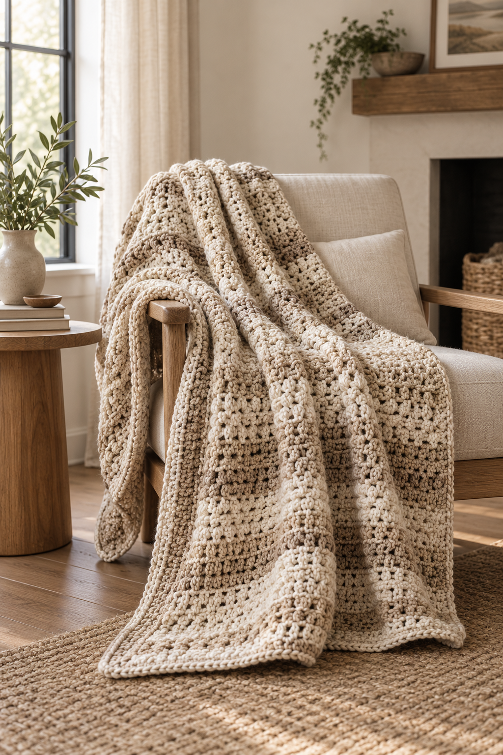completed textured crochet blanket draped in a home