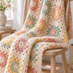 thick textured crochet blanket folded over a chair