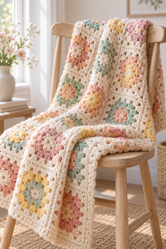 thick textured crochet blanket folded over a chair