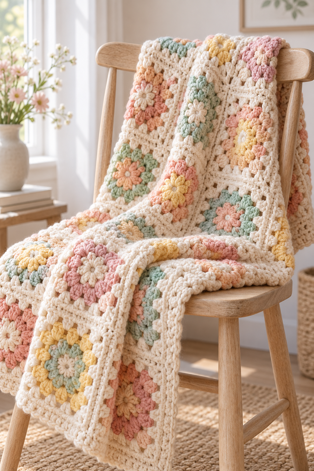 thick textured crochet blanket folded over a chair