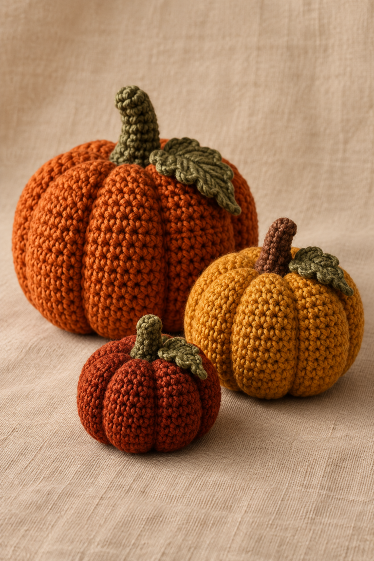 three crochet pumpkins in different sizes