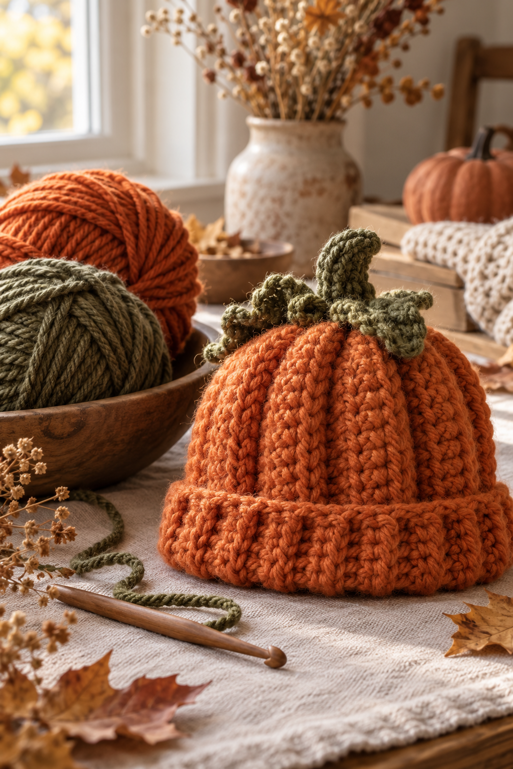 Orange and olive yarn beside a textured crochet pumpkin hat