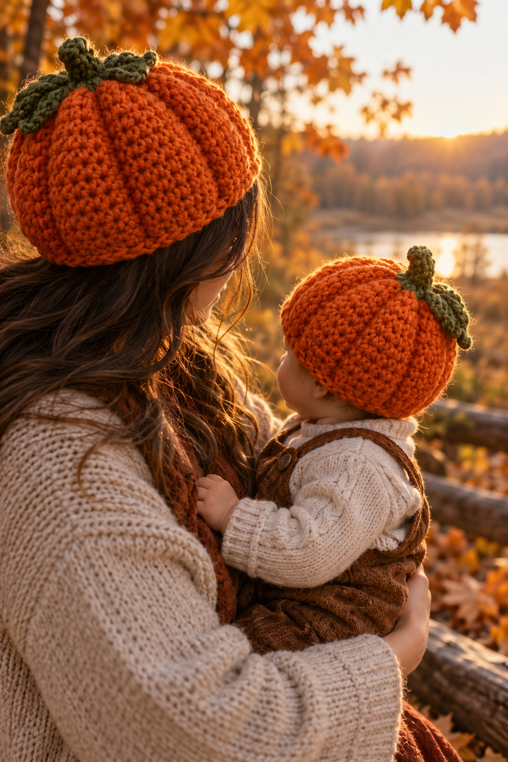 Adult and baby wearing coordinated crochet pumpkin hats