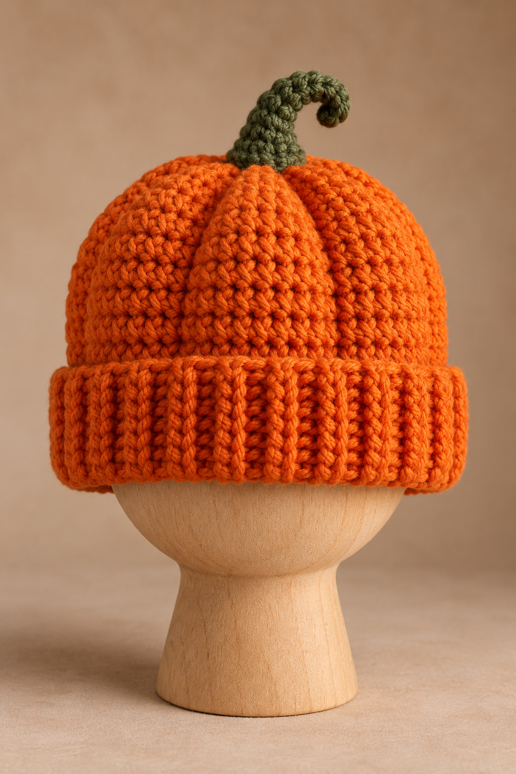 Crochet pumpkin hat showing a ribbed brim and rounded crown