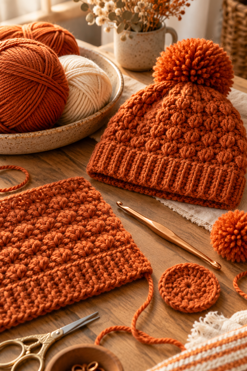 Crochet hook and DK yarn beside an orange textured hat