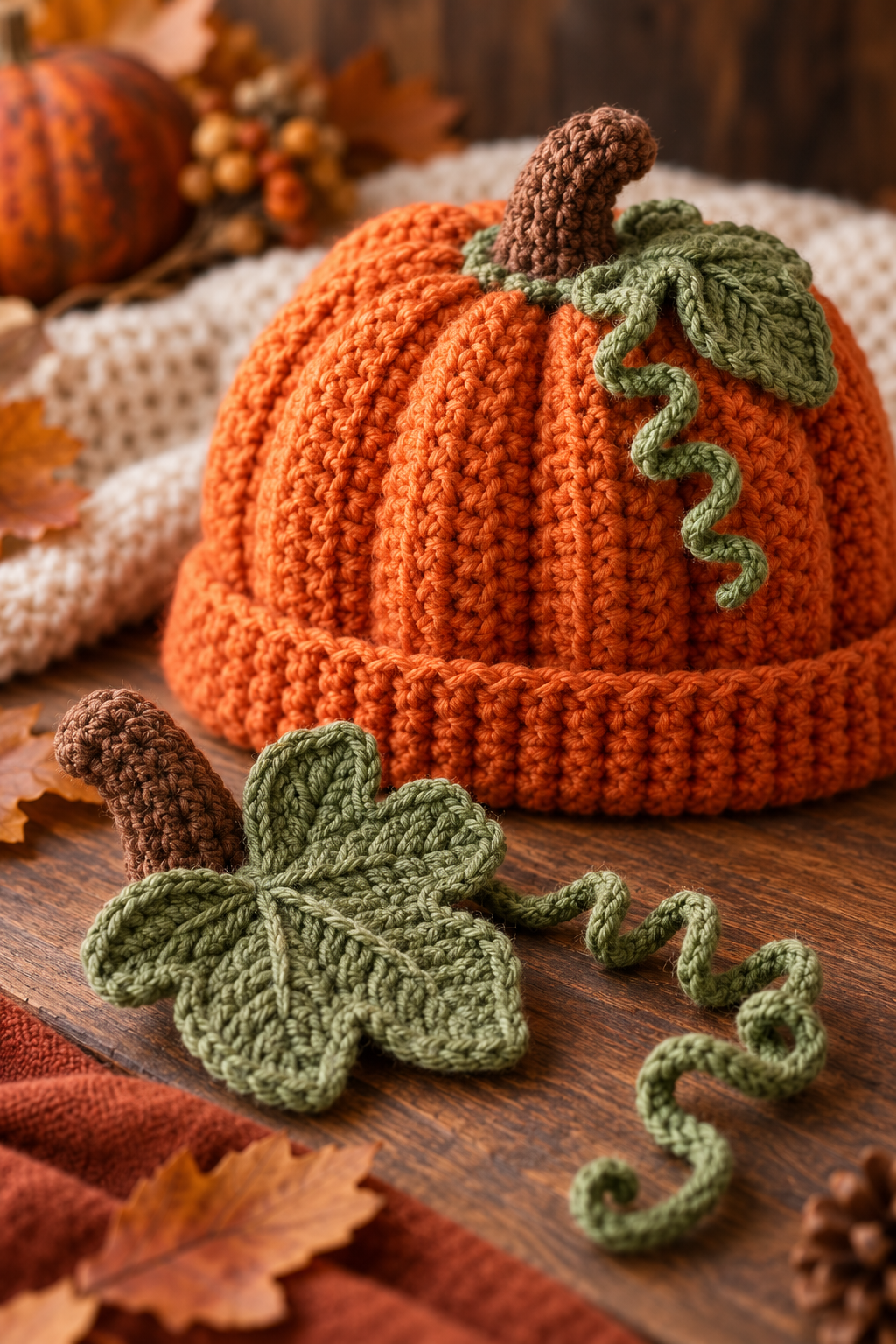 Crochet stem leaf and curly vine beside an orange hat