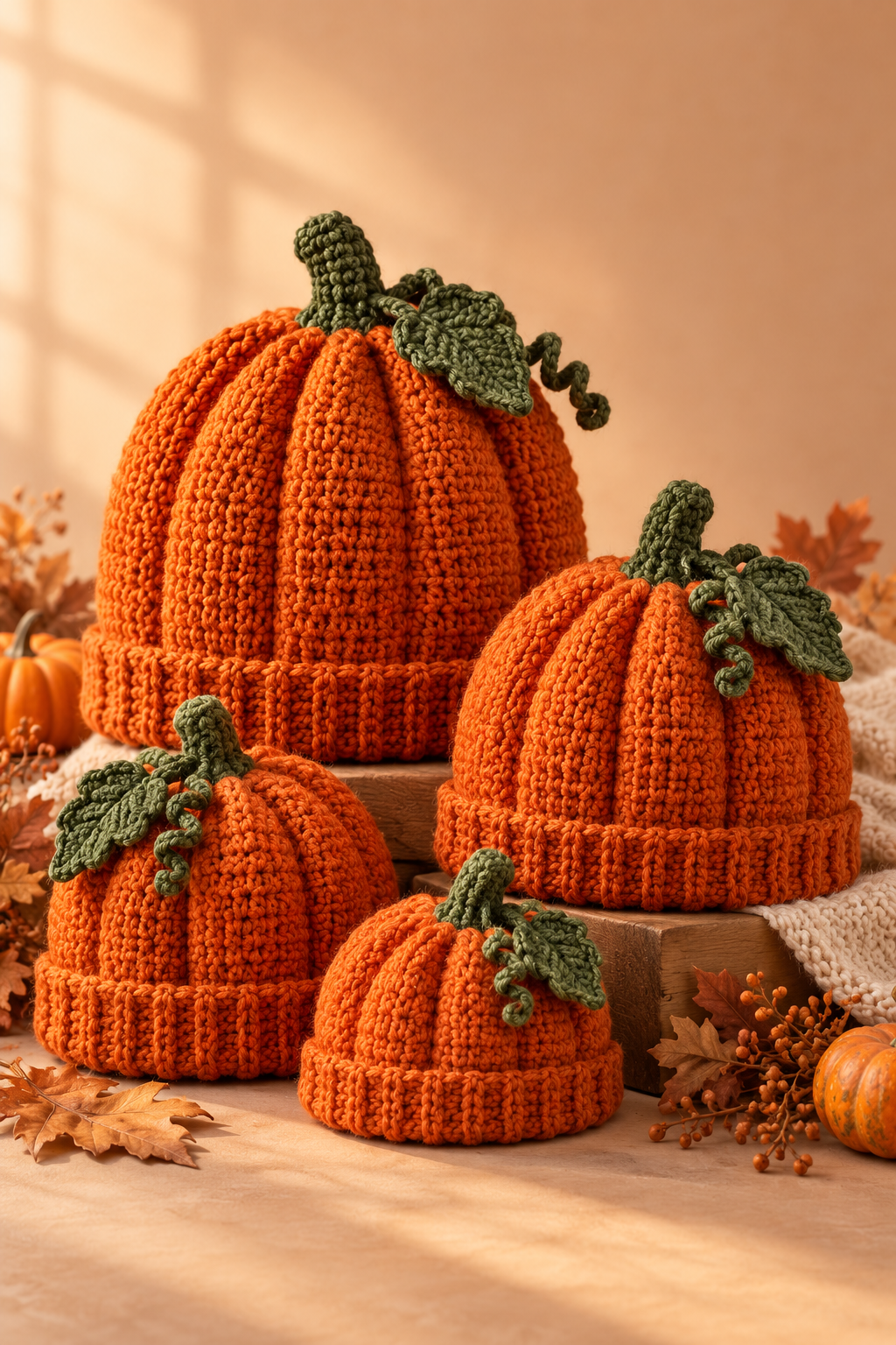 Coordinated crochet pumpkin hats arranged for a fall family photo