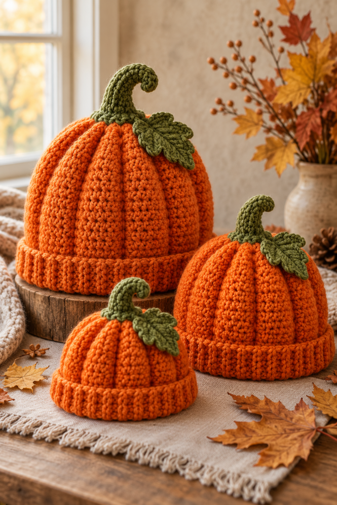 Three orange crochet pumpkin hats with green stems and leaves