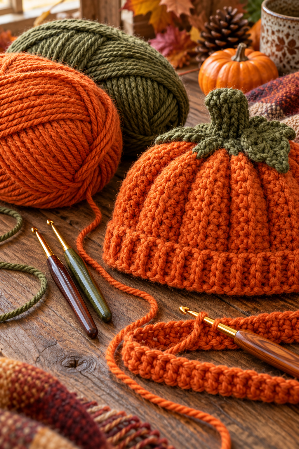 DK yarn and crochet hooks for a pumpkin hat