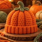 Handmade crochet pumpkin hat with a green stem