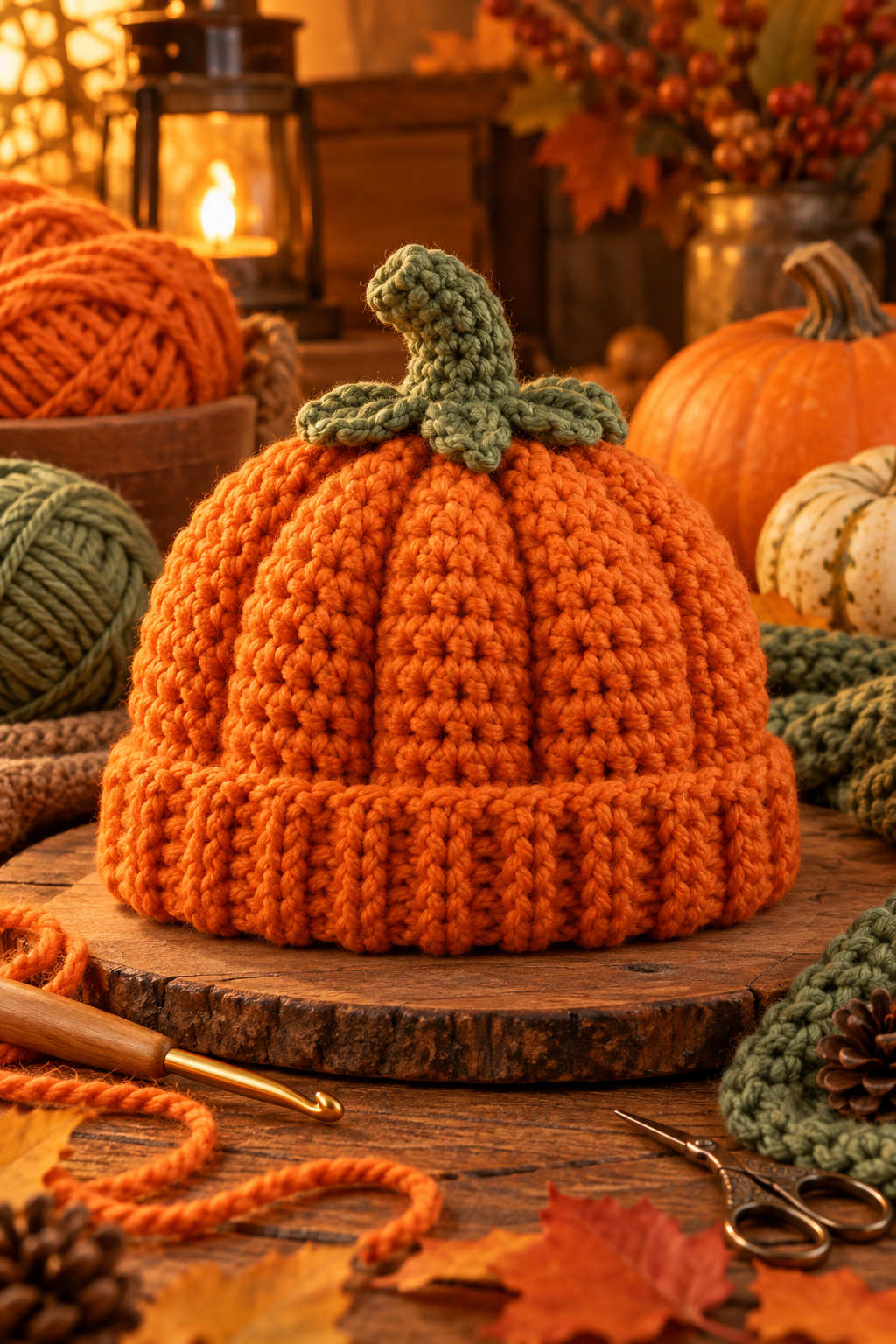 Handmade crochet pumpkin hat with a green stem