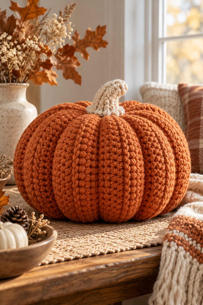 crochet pumpkin pillow featured design